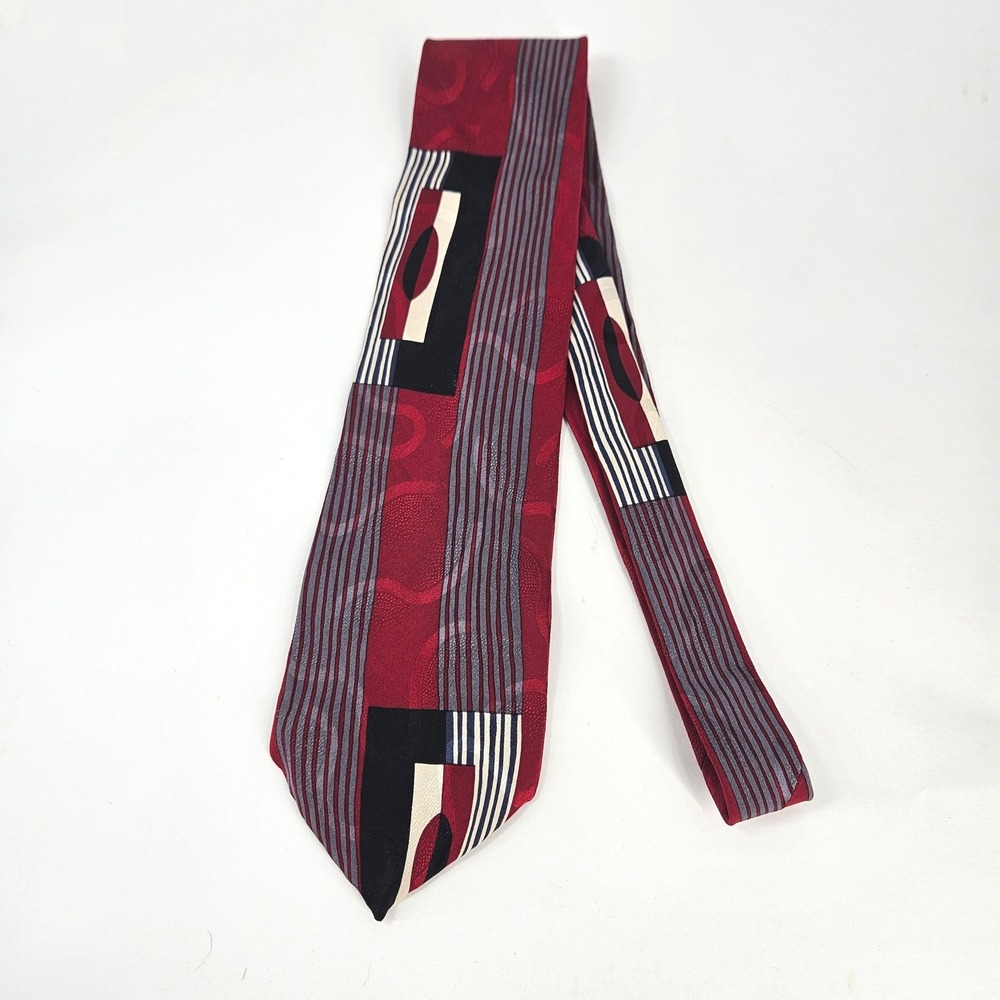 Vintage JT Beckett Mens 100% Silk Tie Red Black Geometric Abstract Striped USA